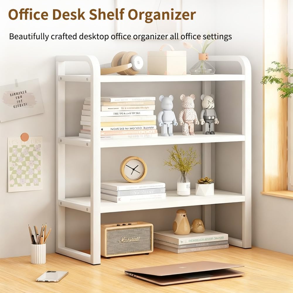 Office Desk Shelf Organizer, Wood Desktop Bookshelf Supplies Storage Rack, Shelf for Top of Desk and Dresser and Cubicle Decor Aesthetic Bookshelf (Black Wood-three Tier, 15.75 Lx7.87 Wx22.05 H)