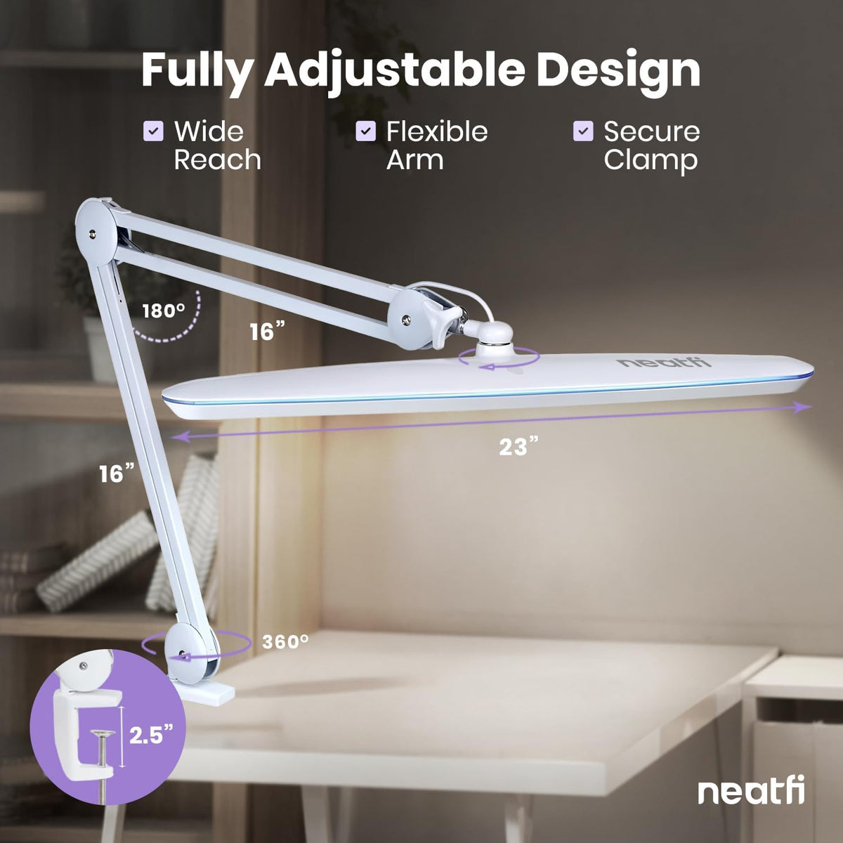 Neatfi LED Desk Lamp, 2200 Lumens, 24W, 23" Wide, Non-CCT (White)