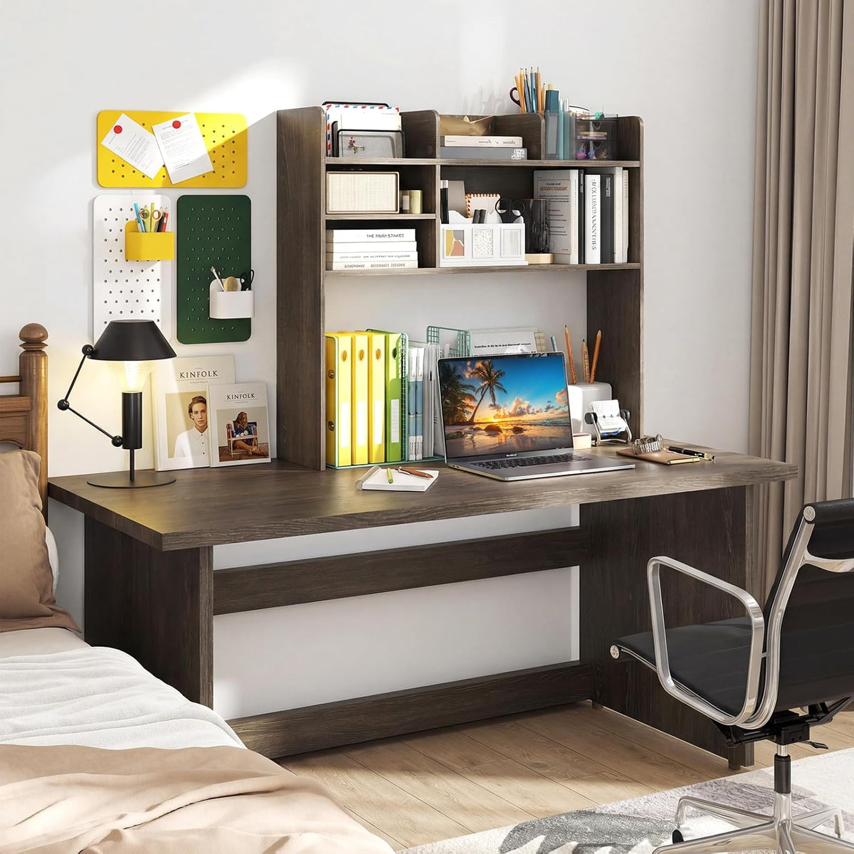 GIANTEX Desktop Bookshelf, 37" Desk Hutch Dorm for Computer Up to 32 Inch, Countertop Hutch w/6 Storage Shelves, 3-Tier Desktop Organizer Display Rack, Wood Desk Shelf for Home Office (Grey Oak)