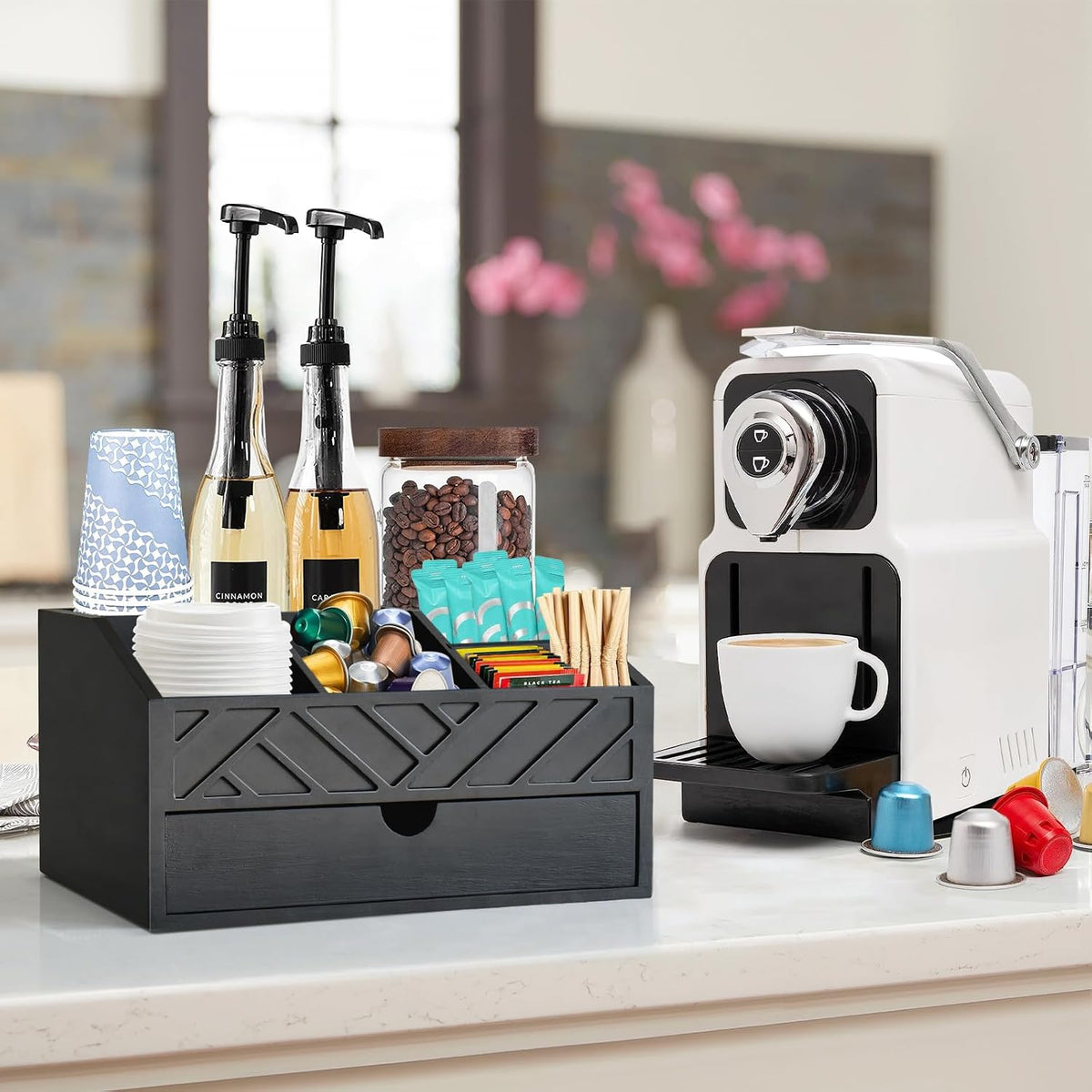 Coffee Bar Organizer with Drawer, Coffee Station Organizer for Countertop, Wood Coffee Bar Accessories Organizer for Coffee Bar Decor, Farmhouse Cup Pod Holder Condiment Organizer(Black)