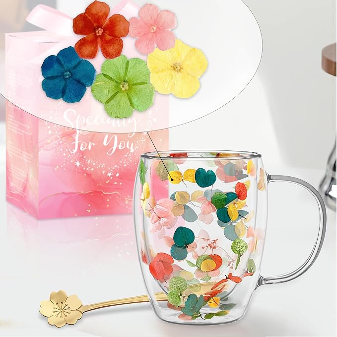 Gifts for Women Dried Flowers Double Wall Glass Coffee Mugs Cute Glass Tea Cups