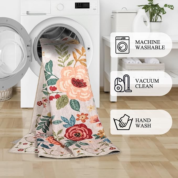 DUKINO 3x10 Runner Rug for Hallway, Washable Kitchen Floral Runner Rug