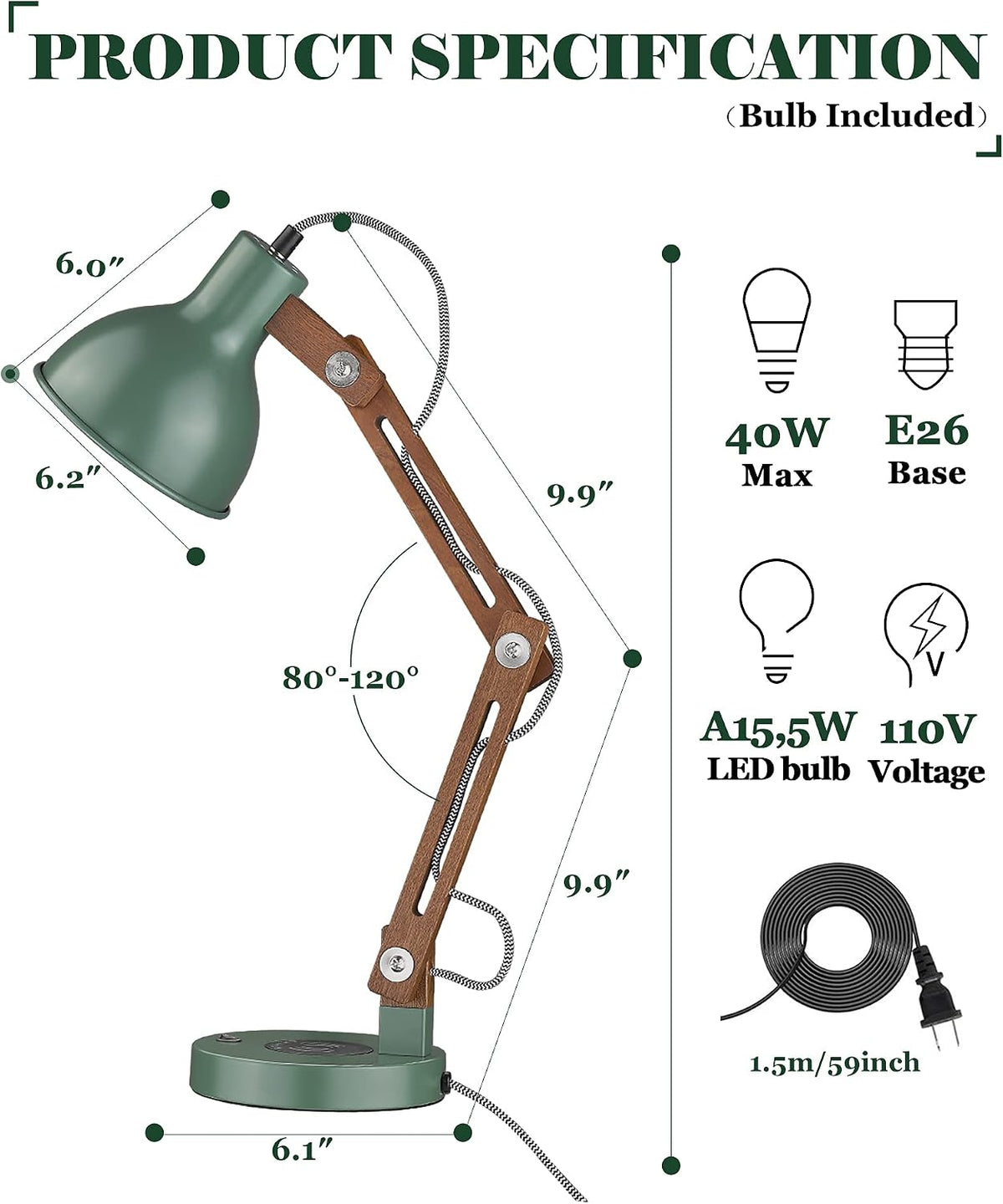 ELYONA LED Desk Lamp with Wireless Charger, Sapele Wood Reading Light with USB C Charging Port, Swing Arm Table Lamp for Home Office, College Dorm, Bedroom Living Room, Bulb Included, Vintage Green