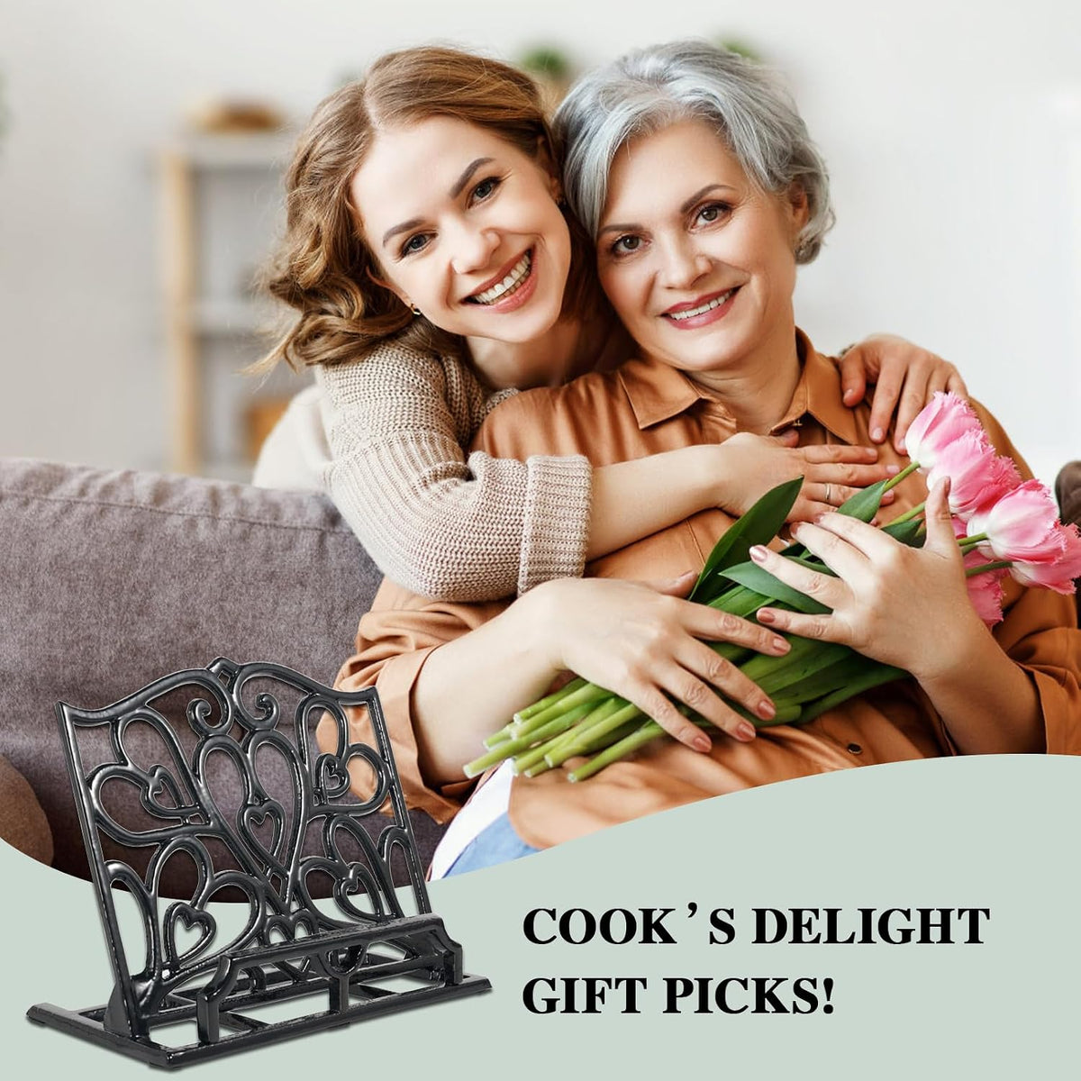 JOGREFUL Cast Iron Cookbook Stand, Kitchen Recipe Holder Love Heart Black