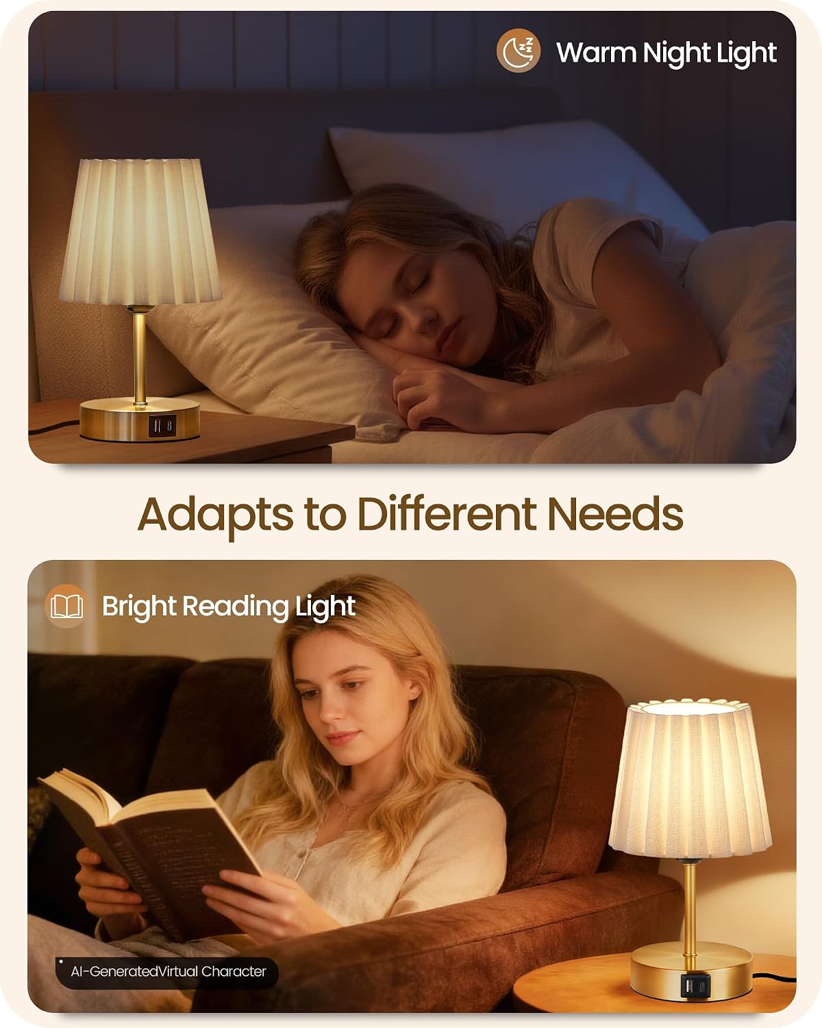 Small Bedside Table Lamps Set of 2, Touch Dimmable Table Lamps with USB Ports, Nightstand Lamps with 2 Stepless Dimming LED Bulbs, E26 Base, for Bedroom, Study, Gold and White DW16TLP205