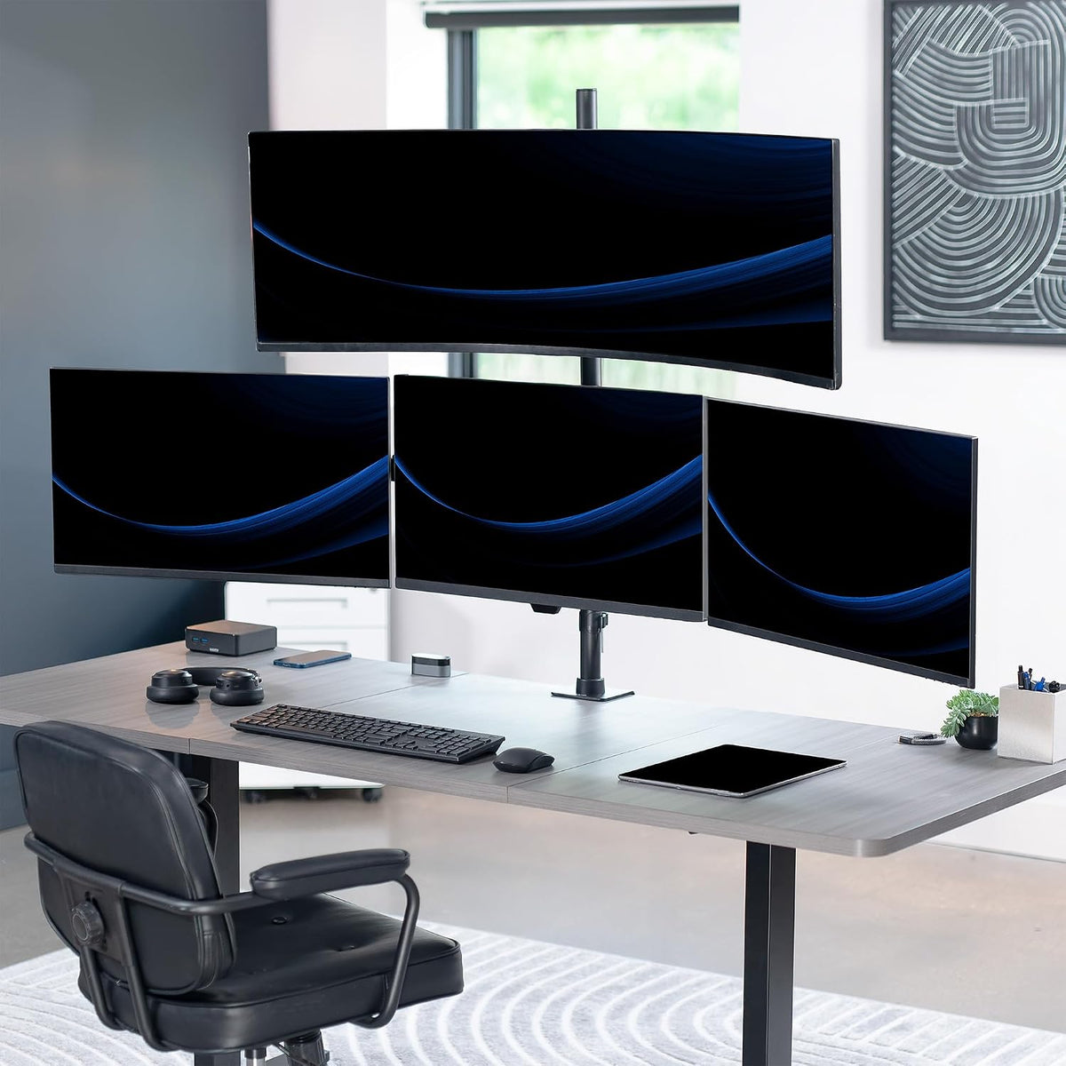 VIVO Quad Monitor Extra Tall Desk Mount for up to 49 inch Ultrawides on Top Bracket and 27 inch Screens on Lower Brackets, Holds up to 44 lbs, Black, STAND-V104T