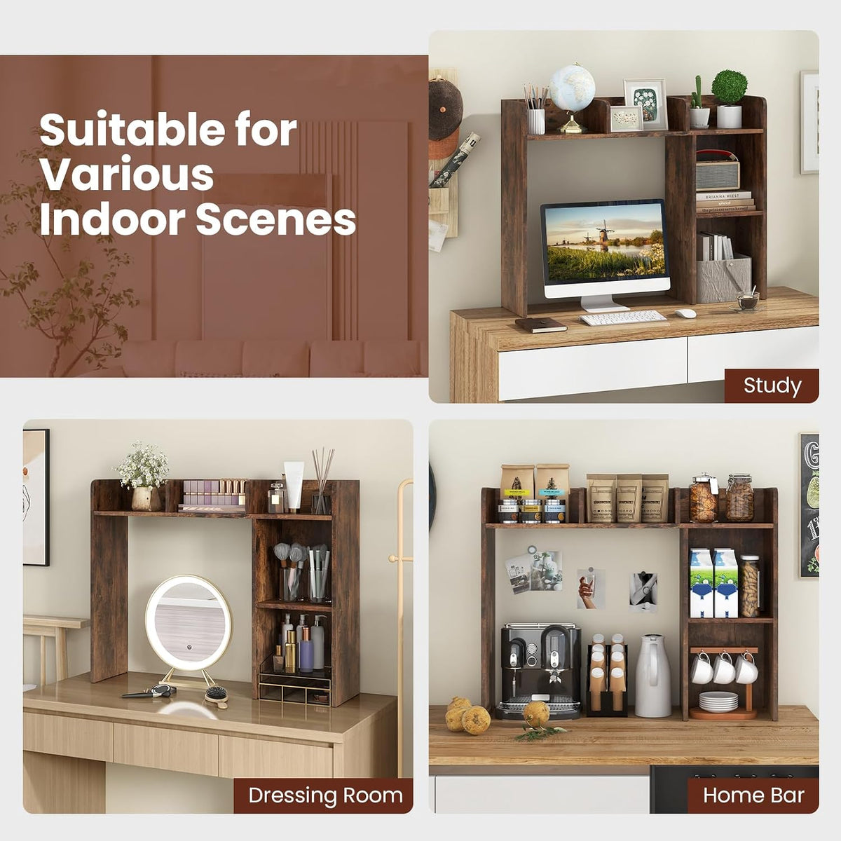 LDAILY Desktop Shelf, Multipurpose Wood Desk Hutch for Max 27" Computer Monitor, Countertop Storage Hutch with 5 Shelves, 3 Tier Desktop Display Rack for Dorm Office Home (Rustic Brown)