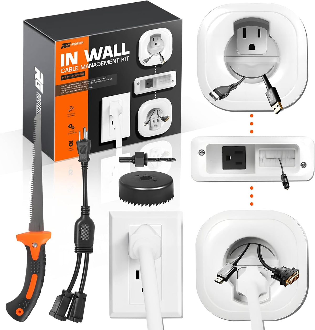 in-Wall Cable Management Kit - for TV & Soundbar - Cord Concealer & Power Kit with Circle Saw Drilling Attachment & Drywall Hand Saw, Hides All Cables & Powers Devices
