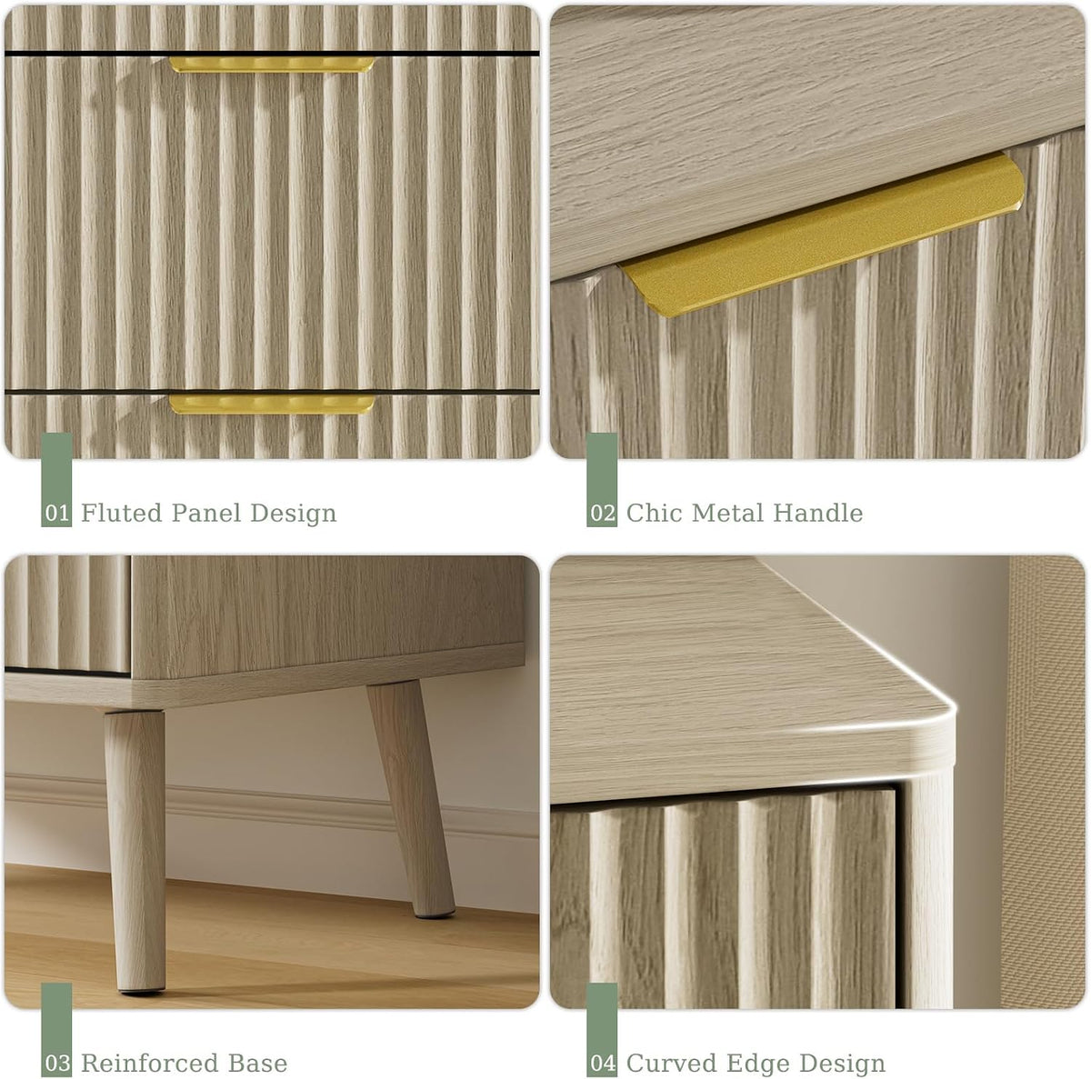 LYNSOM Beige 5 Drawer Dresser, 45" Tall Modern Chest of Drawers with Fluted Panel, Curved Profile Design, Metal Handles, Wood Closet Clothes Storage Organizer for Bedroom, Living Room, Hallway