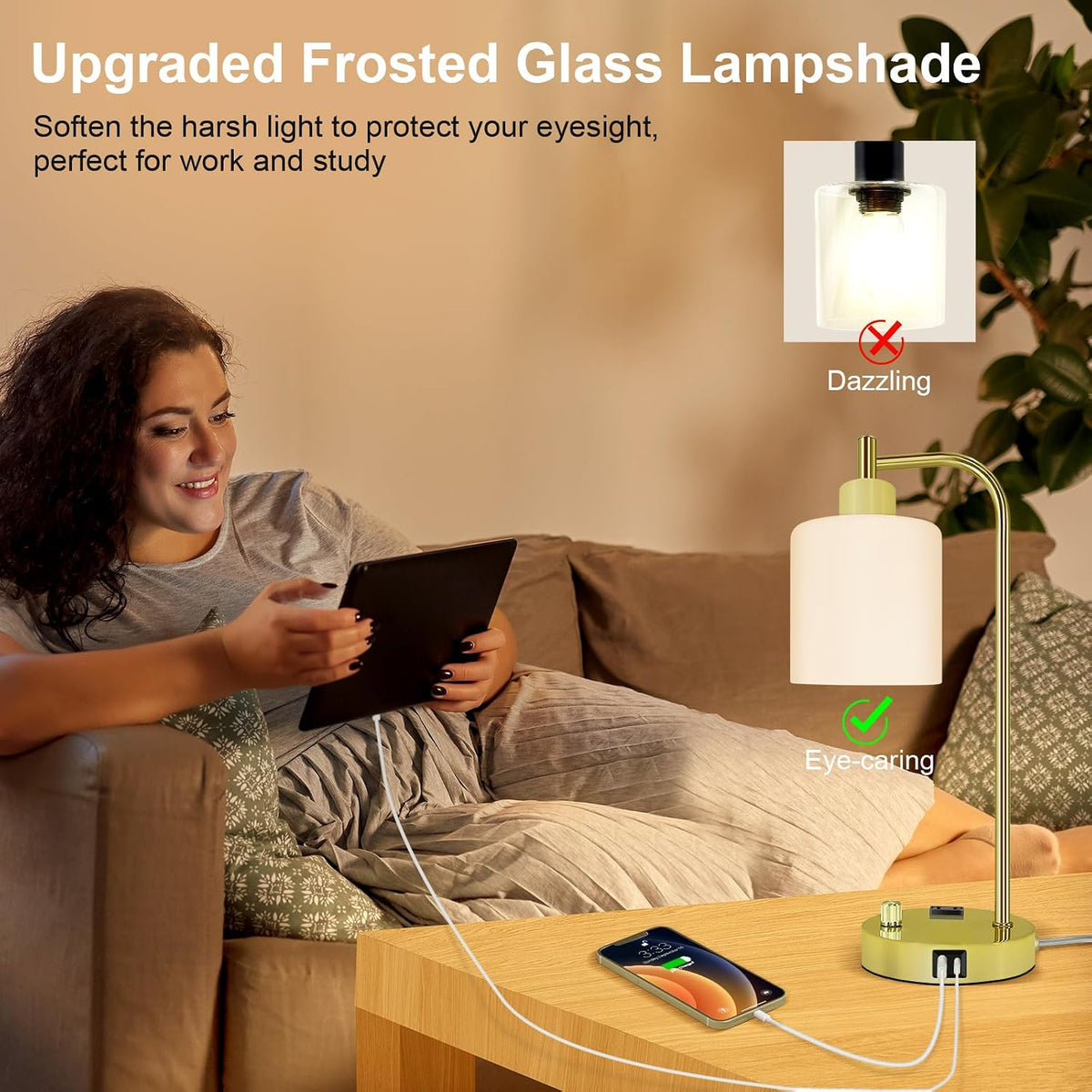 Industrial Table Lamp, Stepless Dimmable Gold Desk Lamp with 2 USB Ports and AC Power Outlet, Frosted GlassShade, Eye-Caring Bedside Nightstand Lamps for Bedroom Living Room Office Reading (GOLD)