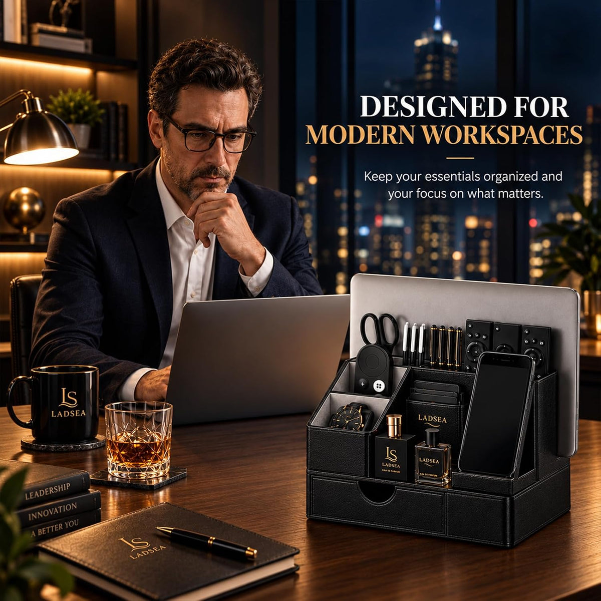 6-in-1 Desk Organizer for Men, PU Leather Phone Stand with Drawer, Bedside Nightstand Caddy for Watch, Wallet and Glasses