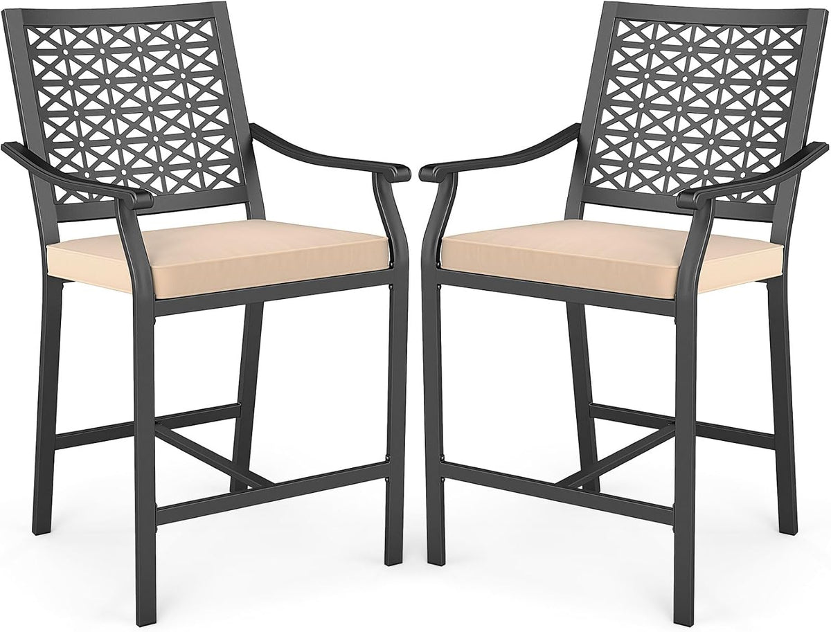 COSTWAY Set of 2 Outdoor Bar Stools, 25" Metal Patio Chairs w/Cushions