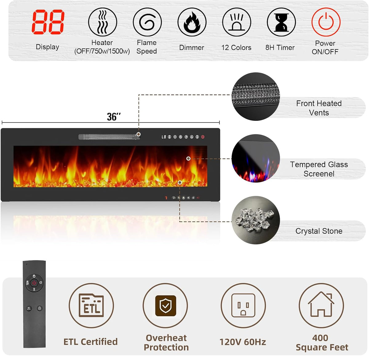 70 Inch TV Stand with 36 Inch Electric Fireplace, Modern White Glossy Doors Entertainment Center for TVs Up to 80", TV Media Console with 20 Color LED Lights and Storage Cabinets for Living Room