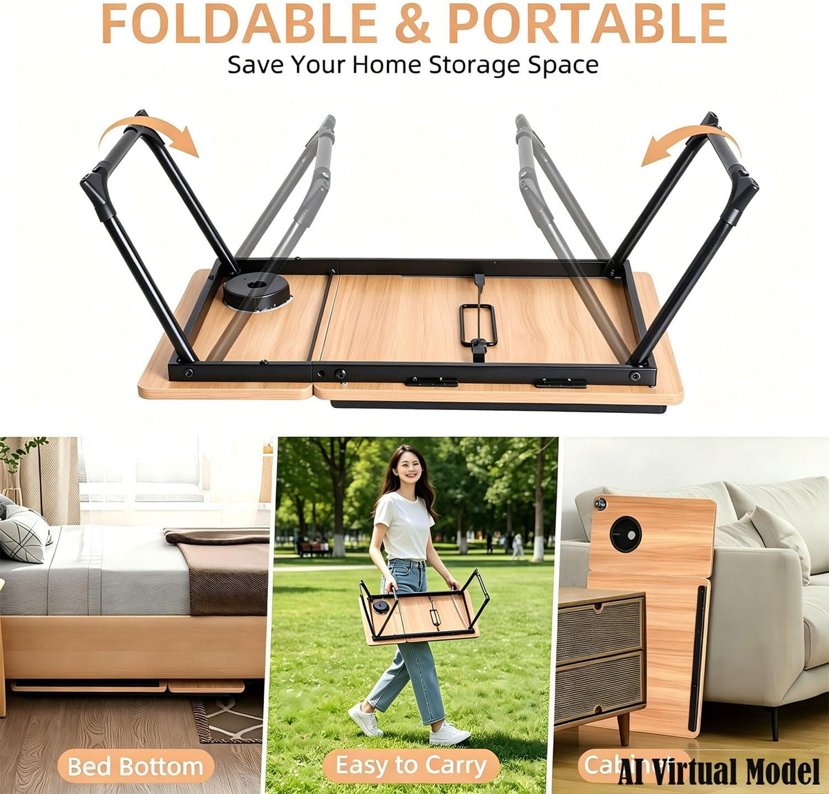 Foldable Lap Desk for Bed and Sofa, Portable Laptop Desk with Gooseneck Phone Stand, Cup Holder & Mouse Pad Extension, Extra Large Bed Desk Tray fits up to 17" Laptops (Natural)