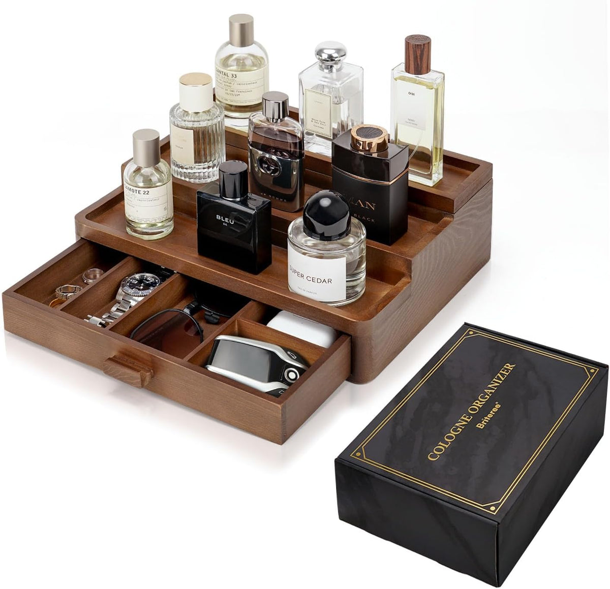 Cologne Organizer for Men, 3 Tier Wooden Cologne Stand with Drawer Storage and Hidden Compartment, Perfume Display Holder for Dresser, Great Gifts for Him Dad Fathers, Brown