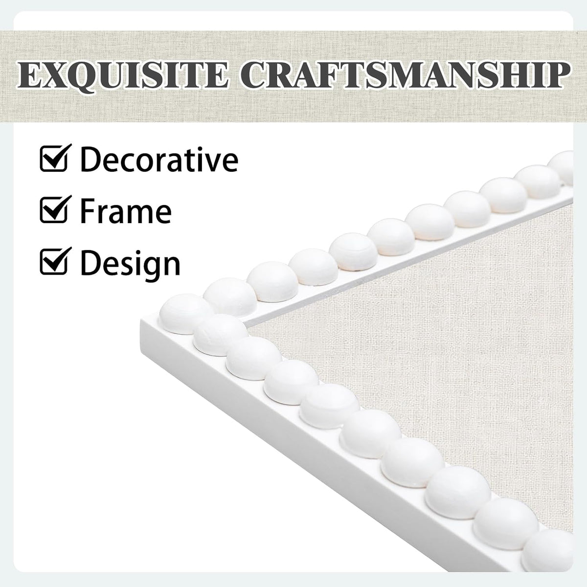 Linen Cork Bulletin Board with White Wood Frame and Beaded 24 x 18 in Decorative Picture Pin Boards Boho Cute Vision Board for Home Office Study Bedroom and Dorm Wall Farmhouse Decor