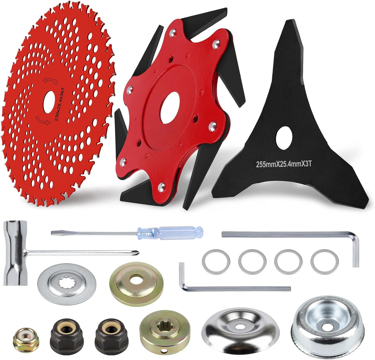 9" x 36 Teeth Carbide Tipped Blades & 6 Steel Razors Trimmer Head & 10" x 3 Teeth Carbon Steel Brush Cutter Blades with 2 Different Adapter Kits Compatible with Brush Cutter, Trimmer, Weed Eater