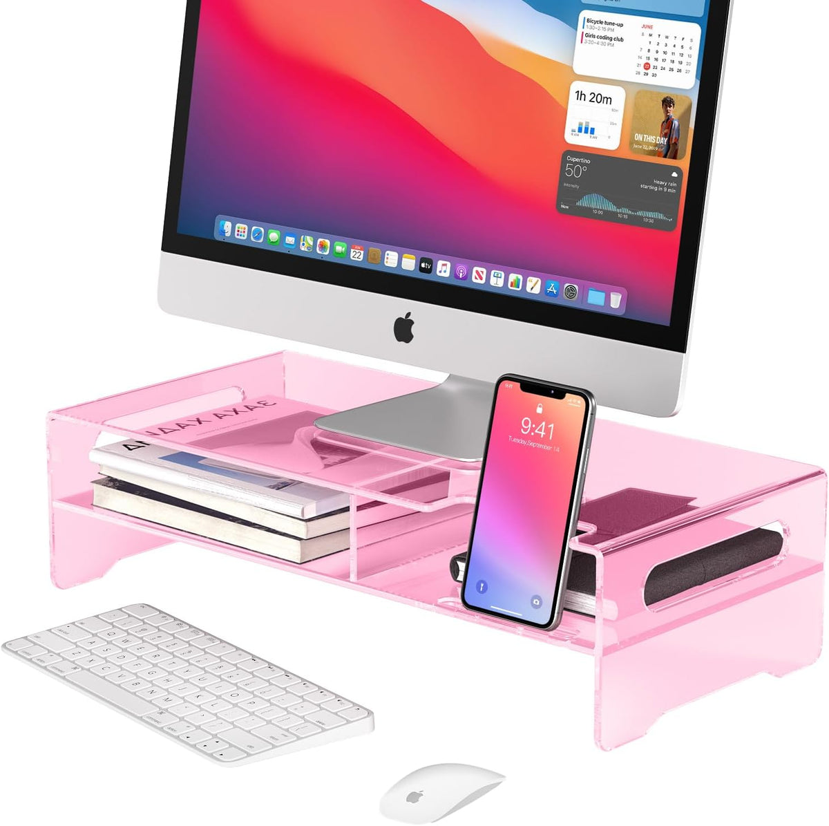 Pink Acrylic Monitor Riser, 2-Tier Desk Computer Stand With Storage & Phone Holder