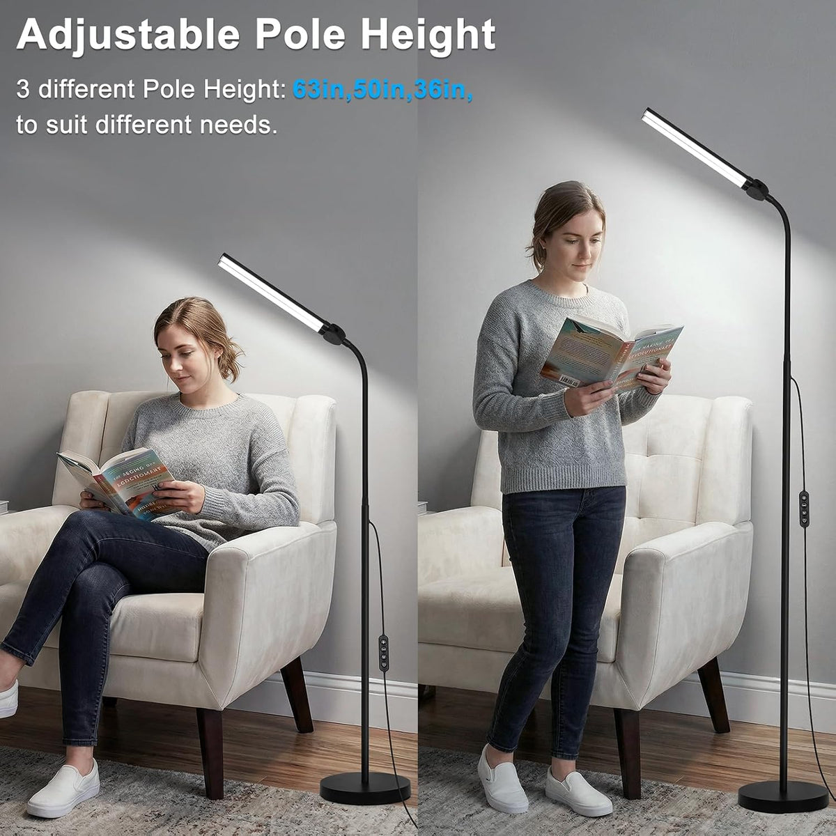 24W/2600LM LED Floor Lamp, Bright Reading Floor Lamps with Dual Head Adjustable Gooseneck, Dimmable Standing Task Lamp for Office Living Room Bedroom, Modern Eye Caring Light for Puzzle Craft Sewing