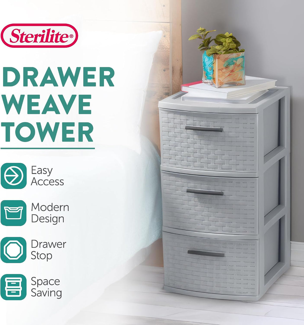 Sterilite 3-Drawer Weave Storage Tower Unit for Bedroom and Dresser, 8-Pack