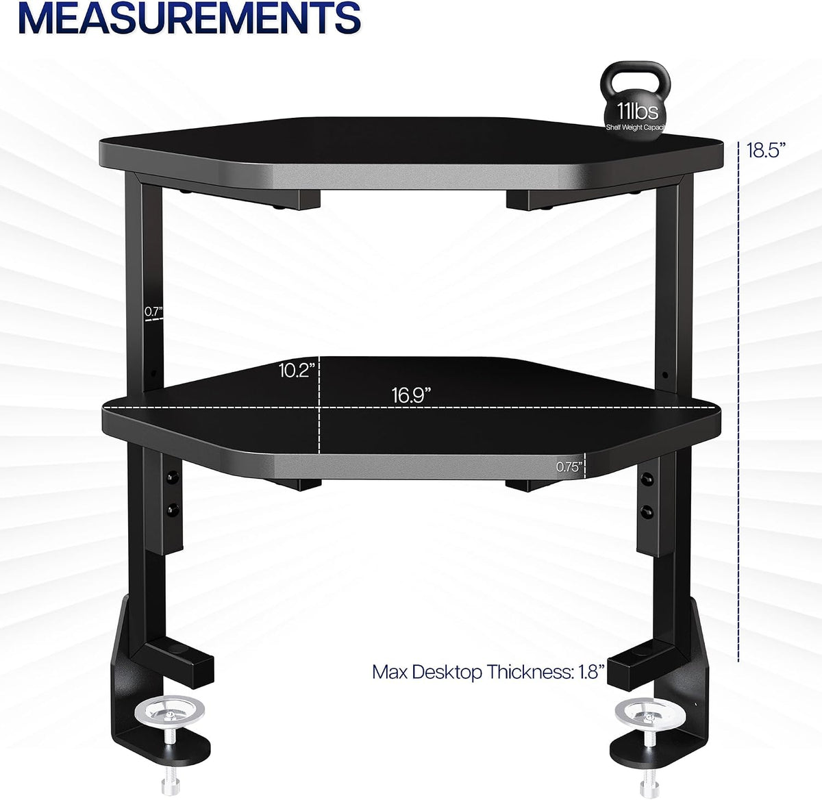 VIVO Black Corner Clamp-on 17 in 2-Tier Desk Shelf, STAND-SHELF2CR