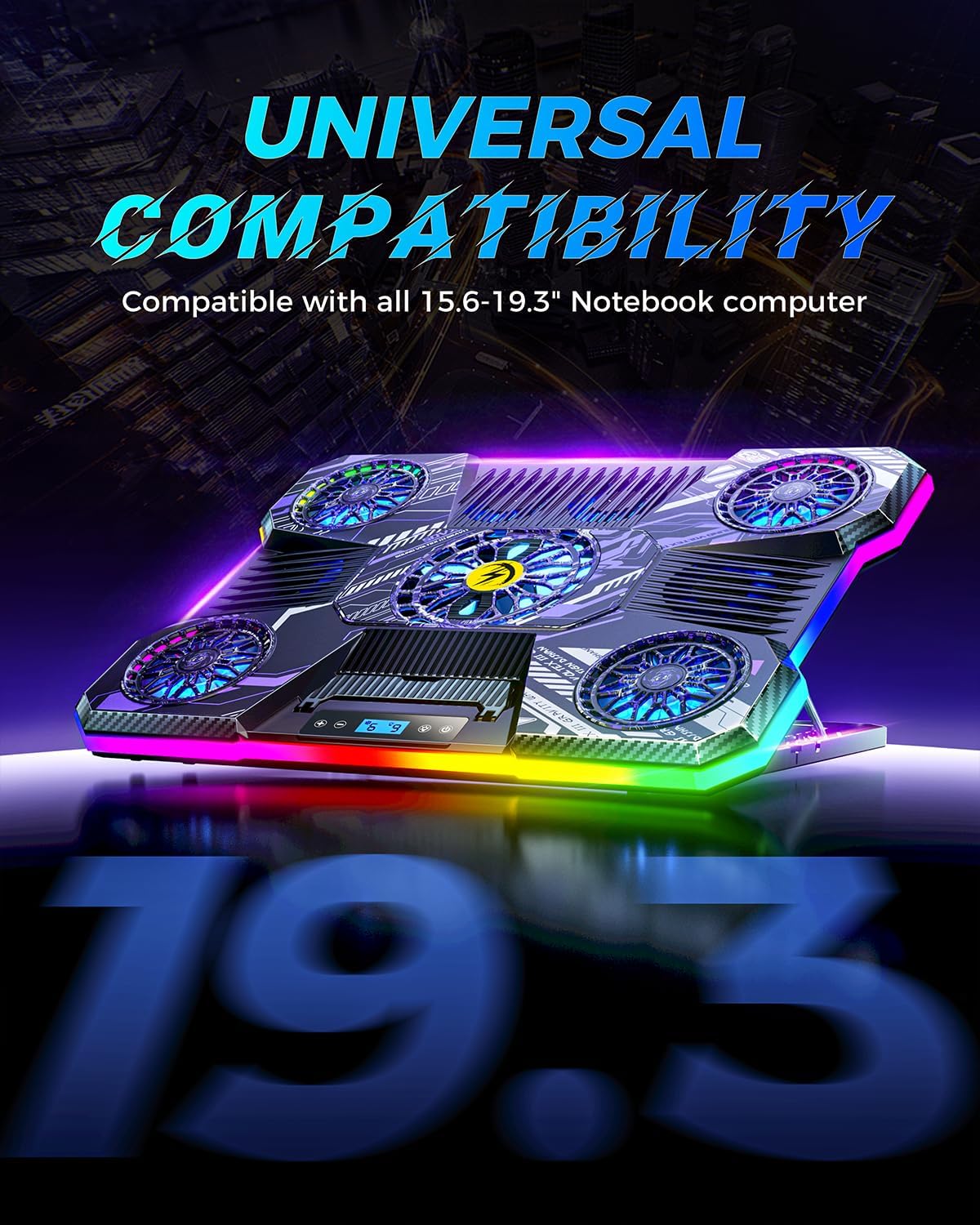 ChillCore RGB Laptop Cooling Pad, Gaming Laptop Fan Cooling Pad 9 Fans for 15.6-19.3 Inch Laptops, Laptop Cooler with 8 Height Stands, 2 USB Ports - A21 Pattern