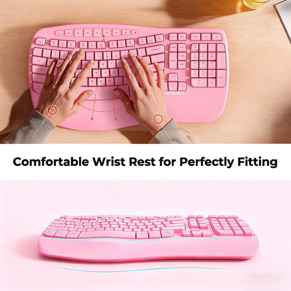 MEETION Wireless Ergonomic Keyboard, Wave Keys with Wrist Rest, Pink