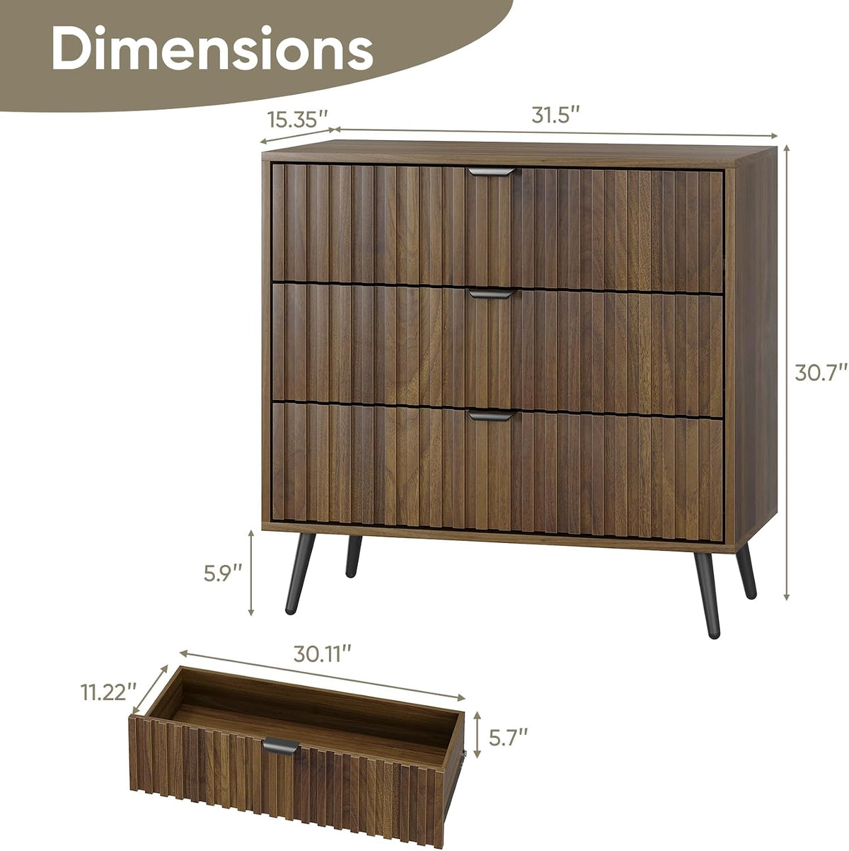 Smart FENDEE 3 Drawers Dresser, Fluted Small Dresser, 31.5“ W Mid- Century Modern Wooden Chest of Drawers, Large Nightstand Organizer for Bedroom, Closet, Hallway, Entryway, Walnut
