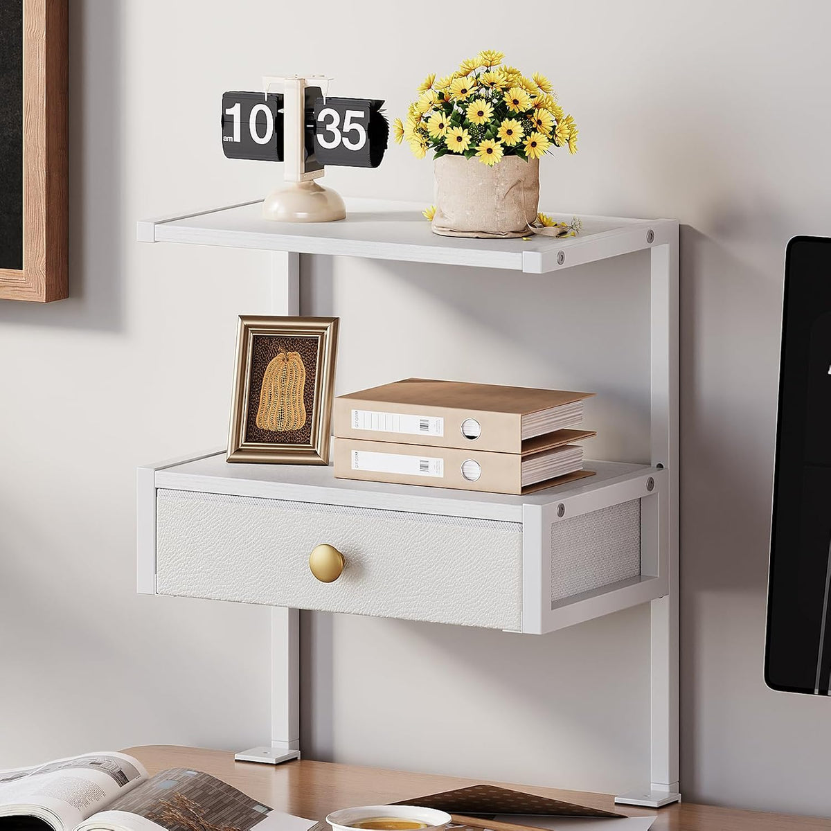 VENNQD Clamp On Desk Shelf, 2-Tier Desktop Organizer, Wood Desktop Supplies Tabletop Book Storage Rack with Adjustable Shelves for Table Working and Gaming Accessories, White