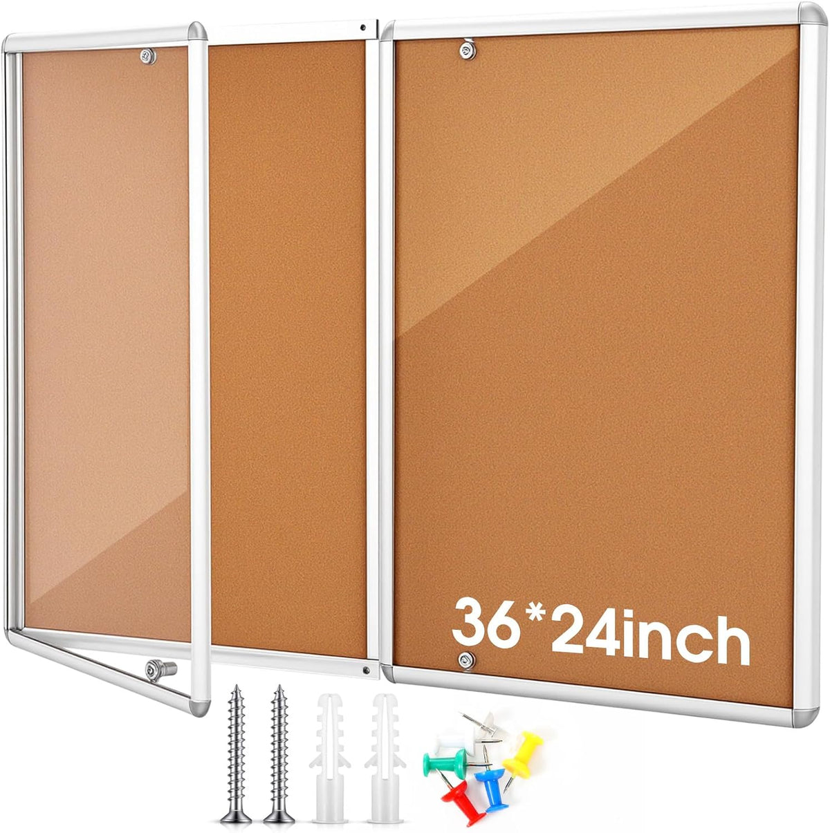 Motipuns 36" x 24" Enclosed Bulletin Board Weatherproof Lockable Outdoor Cork Case Display Board Wall Mounted 2 Locking Door Aluminum Frame for Office, School, Commercial, Hospital, Wood