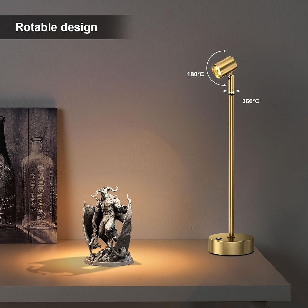 IMAGE Golden Cordless Spotlight High-Power Adjustable Table Accent Light for Plants, Artwork, Jewelry Displays, Shelves, and Cabinet, Warm White Wireless, USB Type-C, for Home, Restaurant, and Bar
