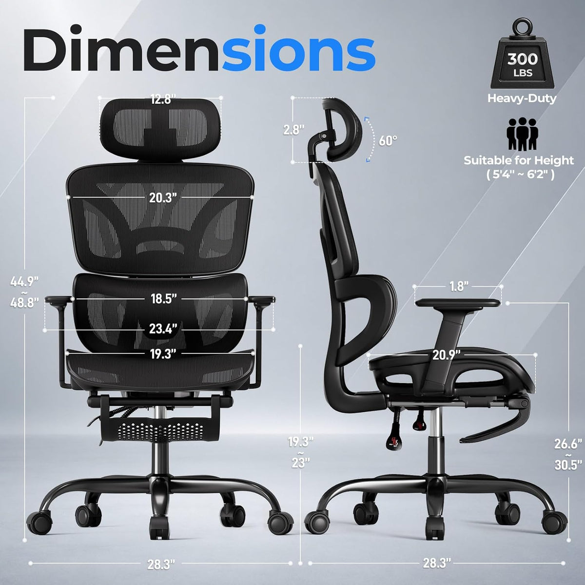 HLDIRECT Ergonomic Office Chair with Footrest, 135° Recline&Lumbar Support