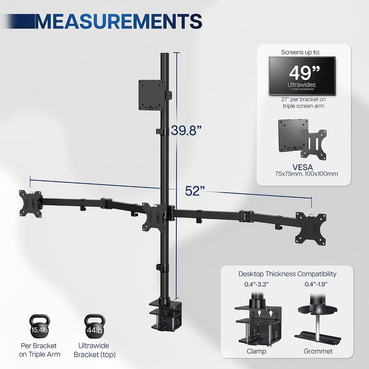 VIVO Quad Monitor Extra Tall Desk Mount for up to 49 inch Ultrawides on Top Bracket and 27 inch Screens on Lower Brackets, Holds up to 44 lbs, Black, STAND-V104T