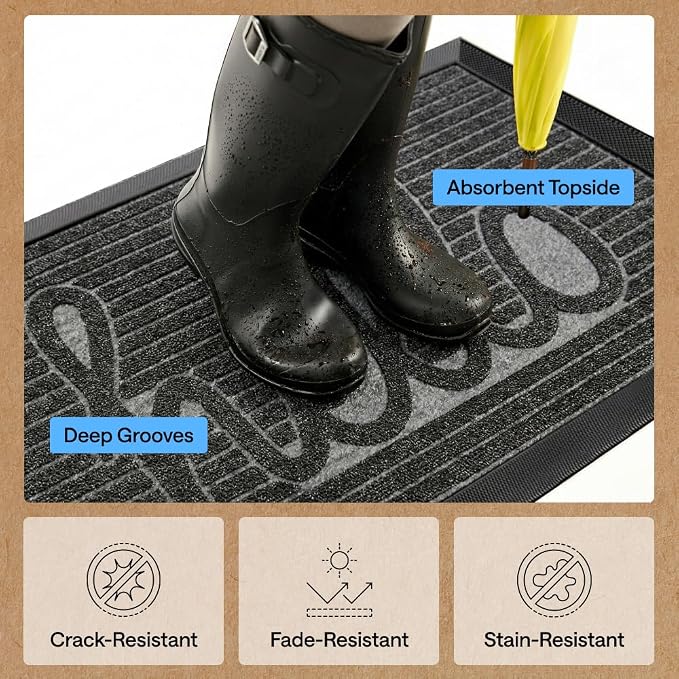 GORILLA GRIP 100% Waterproof All-Season WeatherMAX Doormat, US Designed Natural