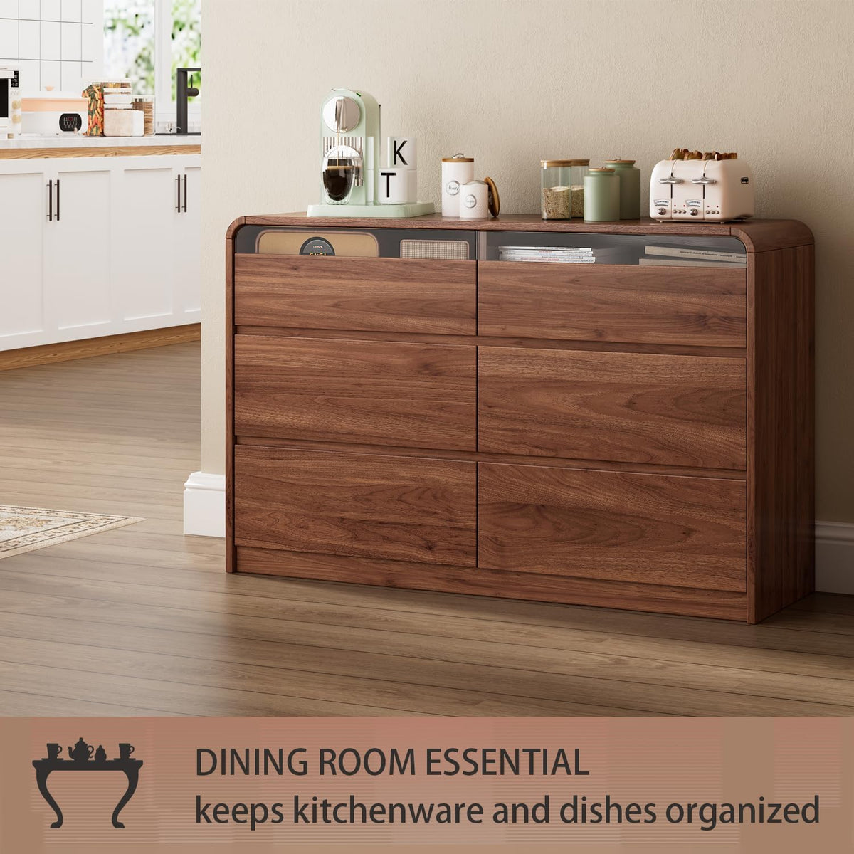 Ieejdn 47.2" Dresser with 6 Drawer, Wide Dresser with Recessed Glass Display & Silent Metal Rails, Handleless Chest of Drawers for Clothes, and Bedding, Russet
