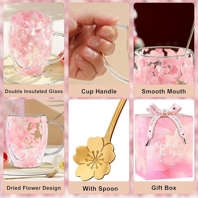 Gifts for Women Dried Flowers Double Wall Glass Coffee Mugs Cute Glass Tea Cups