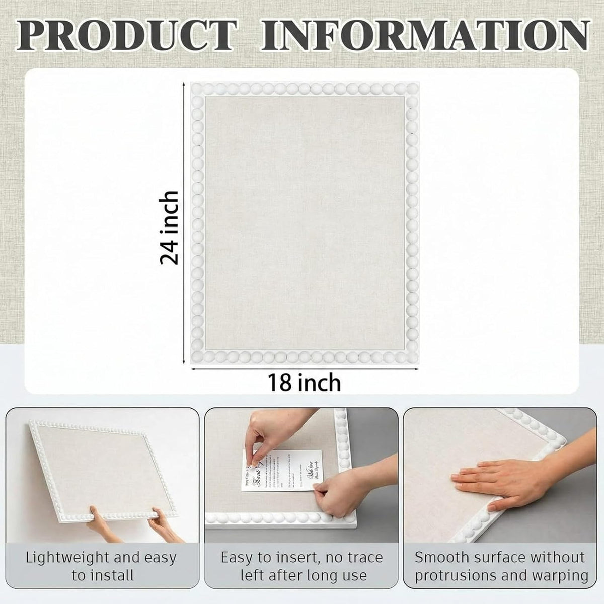 Linen Cork Bulletin Board with White Wood Frame and Beaded 24 x 18 in Decorative Picture Pin Boards Boho Cute Vision Board for Home Office Study Bedroom and Dorm Wall Farmhouse Decor