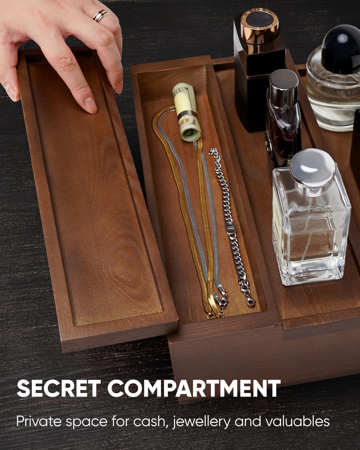 Cologne Organizer for Men, 3 Tier Wooden Cologne Stand with Drawer Storage and Hidden Compartment, Perfume Display Holder for Dresser, Great Gifts for Him Dad Fathers, Brown