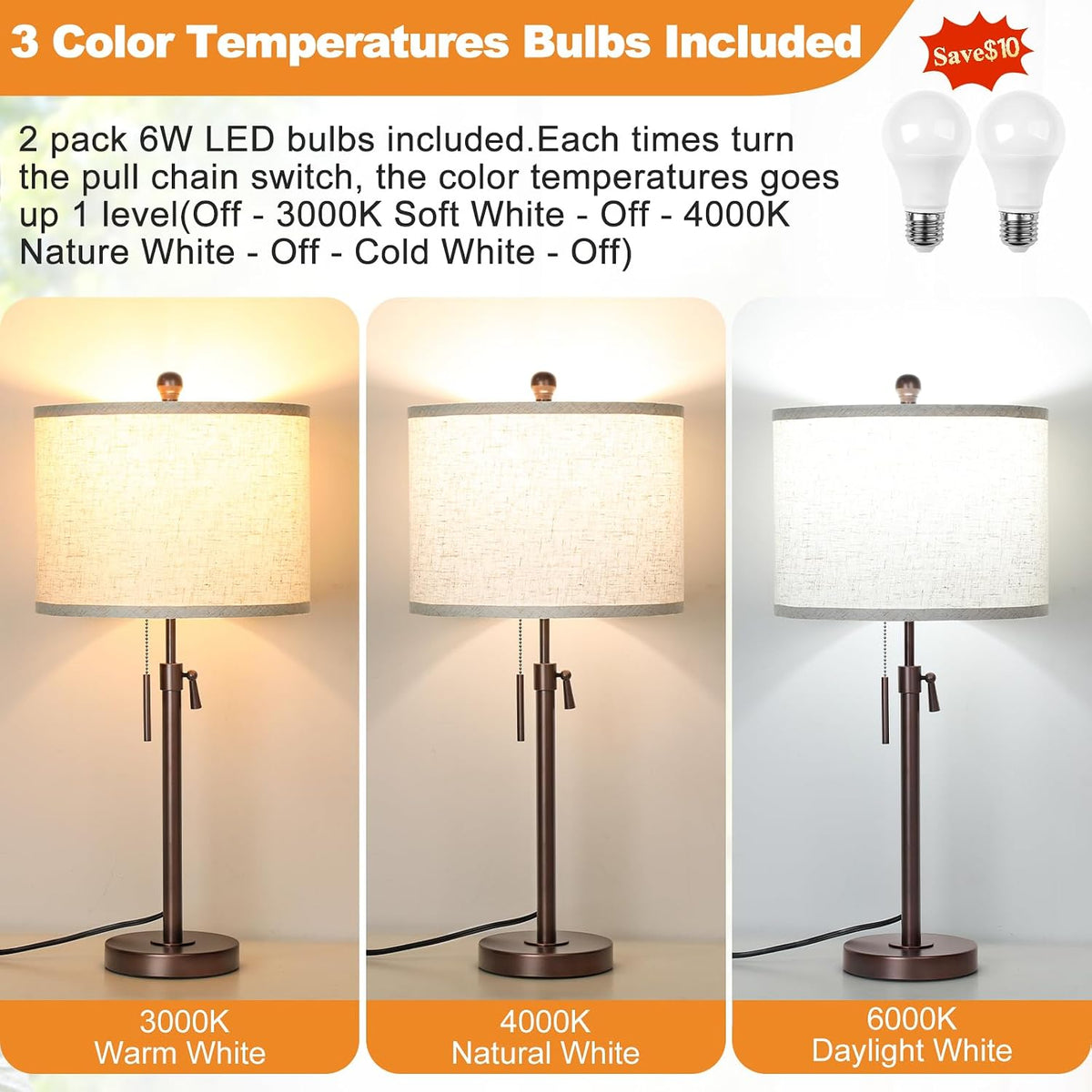 Qingmiao Table Lamps Set of 2, 22" to 30" Adjustable Nightstand Lamps for Bedroom, Dimmable End Table Lamps for Living Room Console Entry Farmhouse Home Decor, New House Warming Gifts