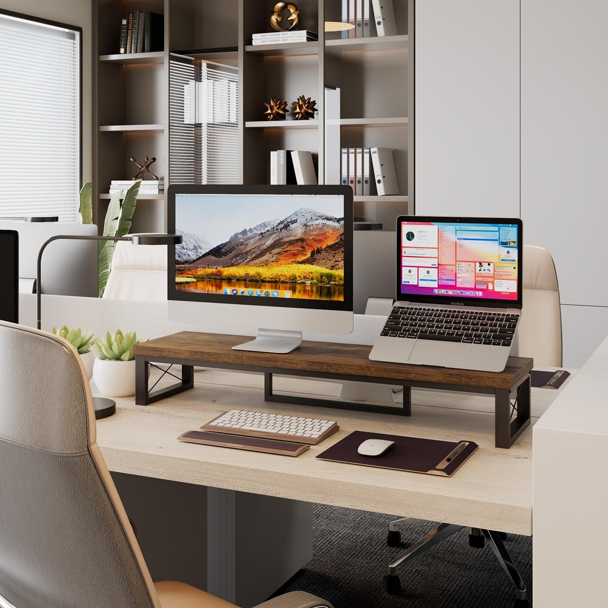 IBUYKE Large Dual Monitor Stand Riser for 2 Monitors, Wooden Desktop Computer Monitor Stand Storage Shelf and Steel Legs,Dual Screen Office Desk,Monitor Riser for Computer, Printer,Laptop,TV,Rustic Brown UTDJ002H