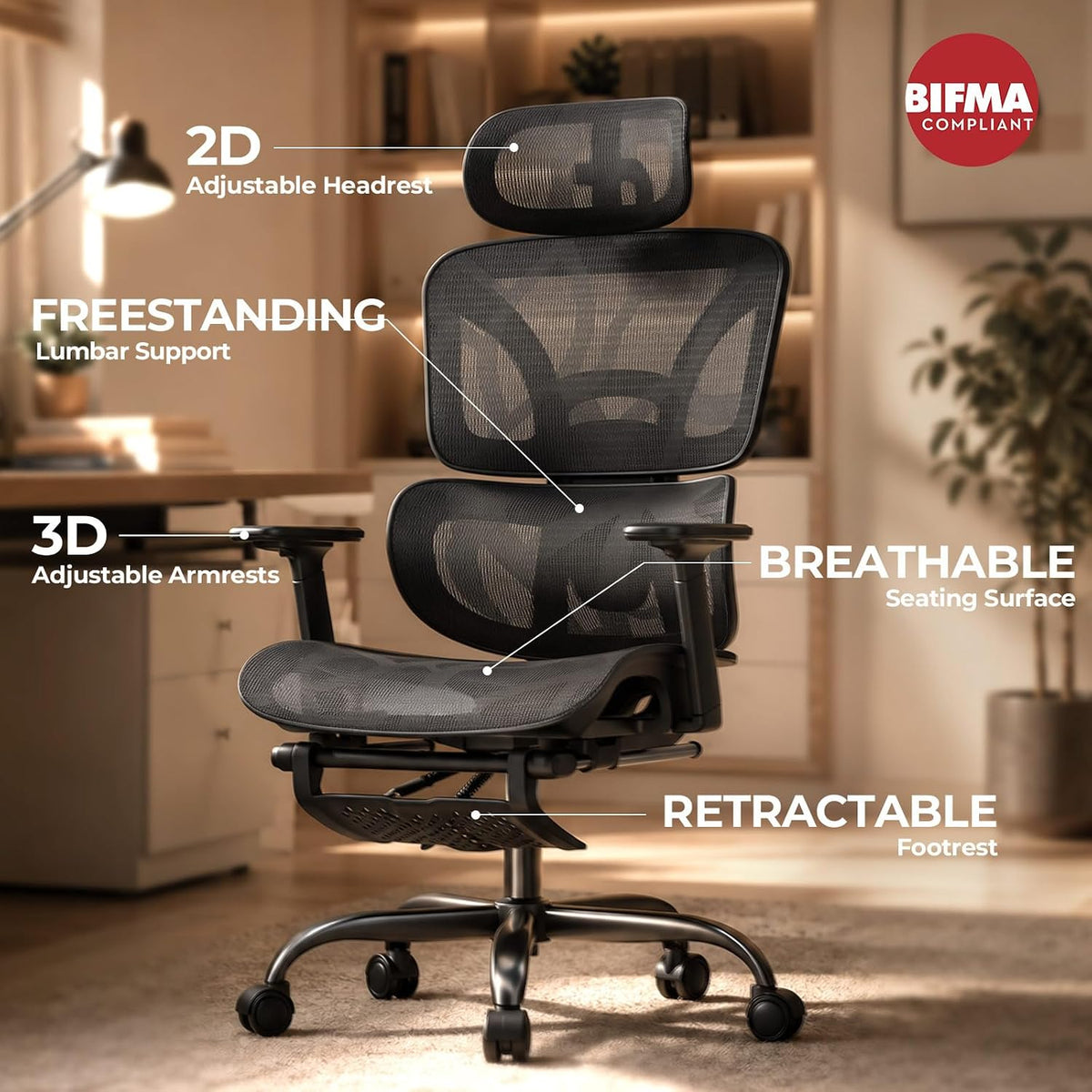 HLDIRECT Ergonomic Office Chair with Footrest, 135° Recline&Lumbar Support