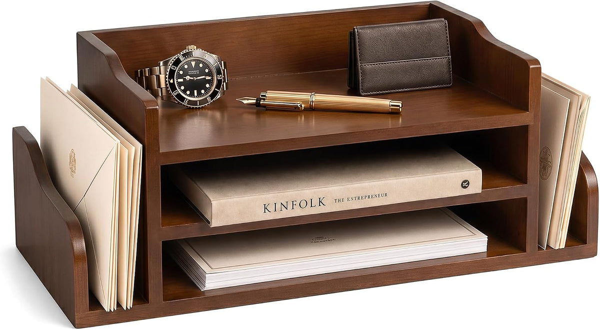 Wood Desk Organizer: File Organizer with 3-Tier Shelf and Side Slots, Brown