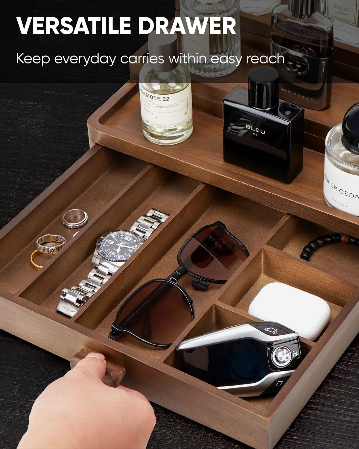 Cologne Organizer for Men, 3 Tier Wooden Cologne Stand with Drawer Storage and Hidden Compartment, Perfume Display Holder for Dresser, Great Gifts for Him Dad Fathers, Brown