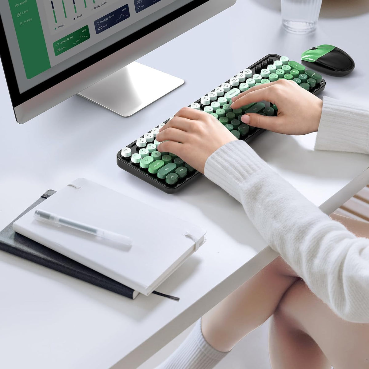 MOFII Wireless Keyboard and Mouse Combo, 2.4GHz Retro Typewriter Keyboard Full Size, Cute Wireless Mice, USB Dongle Plug and Play, for Laptop, PC, Desktop, Windows (Black Green Gradient Color)