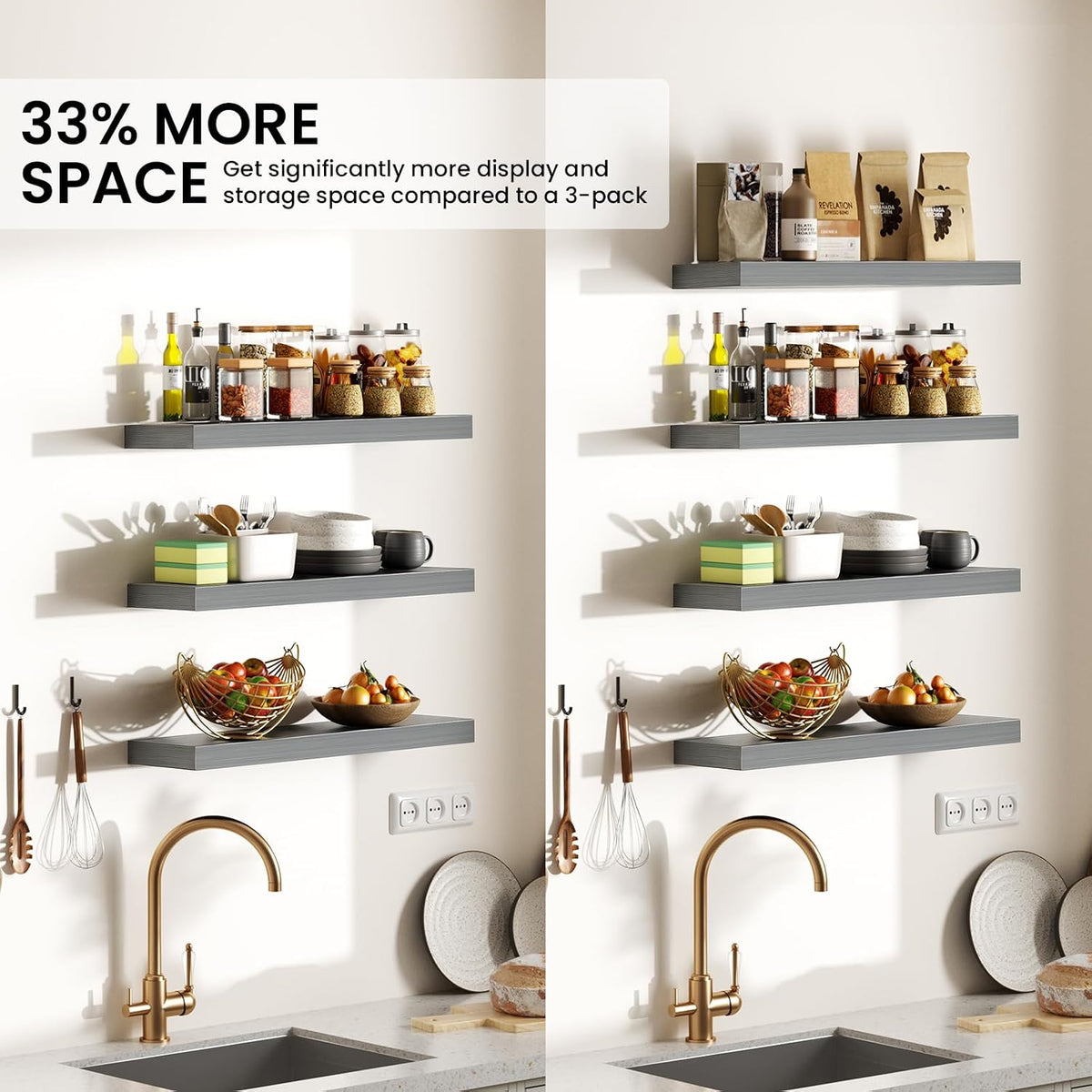 BAYKA Gray Floating Shelves 15.7in, Set of 4, Wall Mount Rustic Wood Shelf