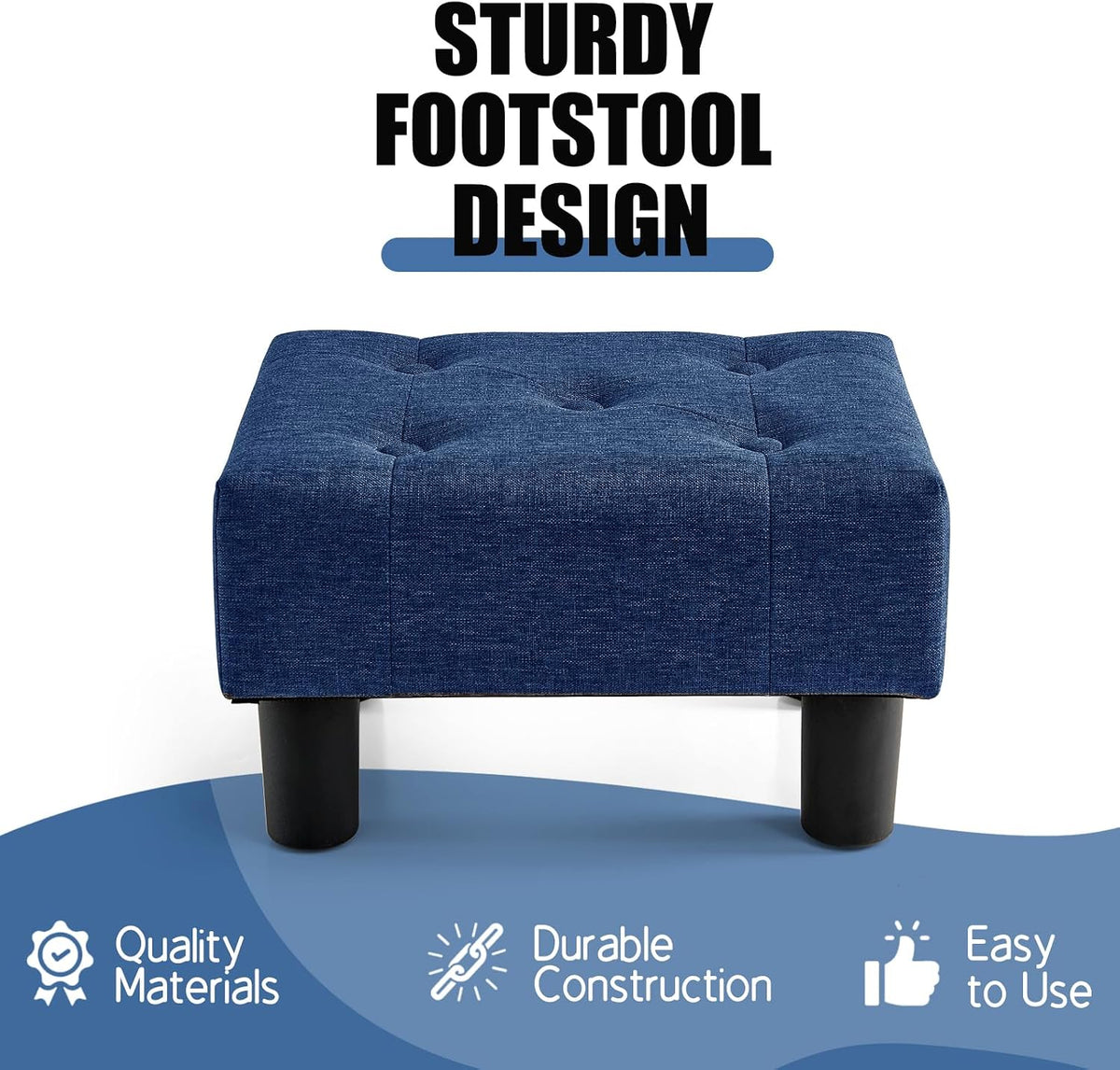 BRIAN & DANY Small Foot Stool, Linen Foot Stools with Legs, Stable Small Footstool for Living Room, Blue