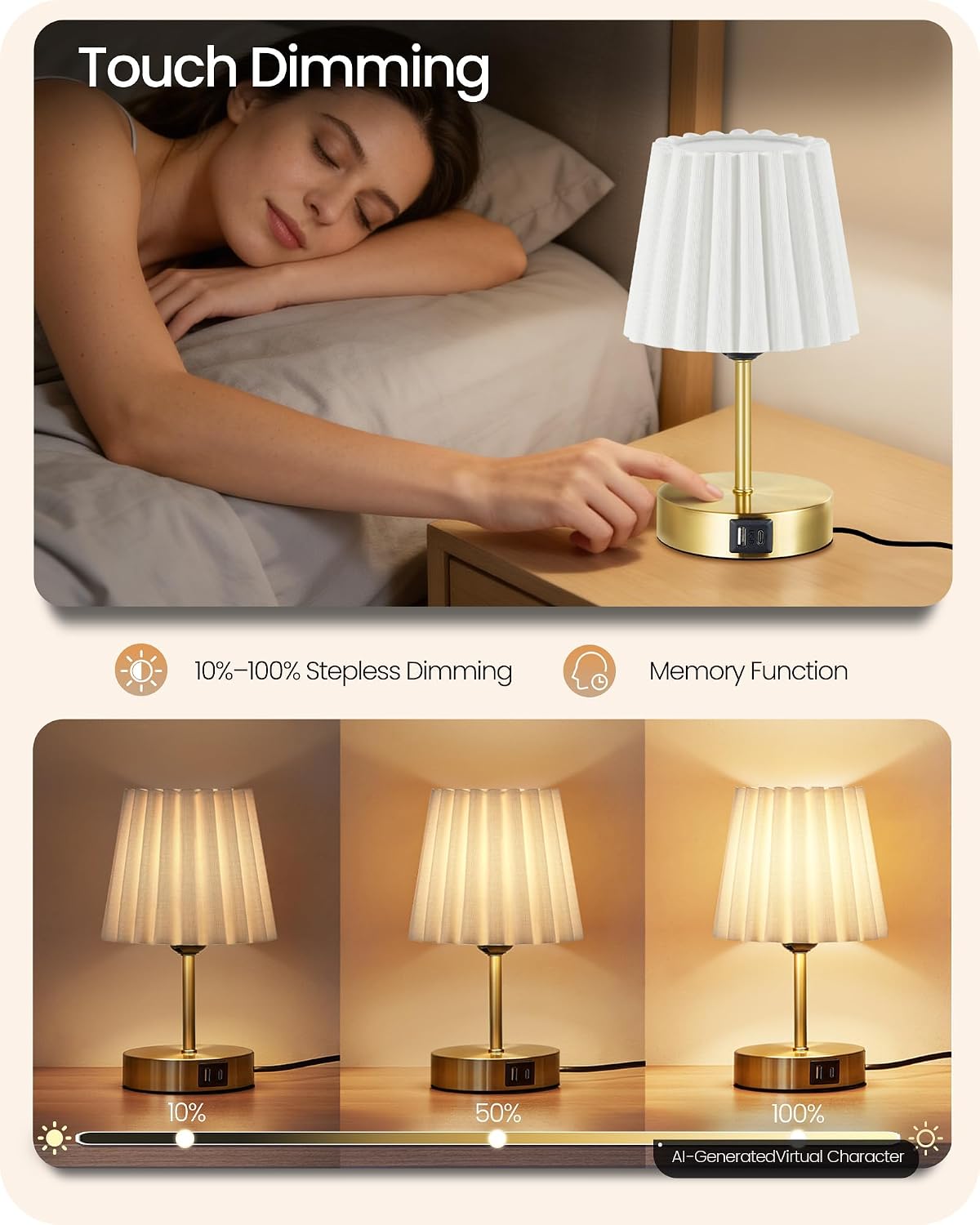 Small Bedside Table Lamps Set of 2, Touch Dimmable Table Lamps with USB Ports, Nightstand Lamps with 2 Stepless Dimming LED Bulbs, E26 Base, for Bedroom, Study, Gold and White DW16TLP205