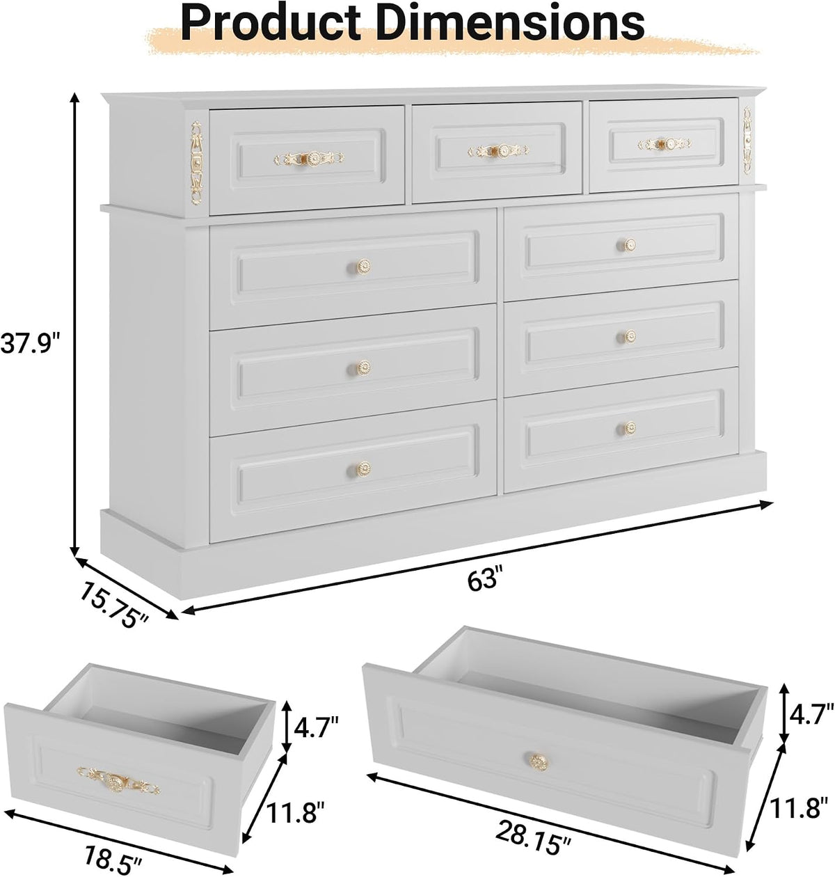 Bobve 63Wx39H Large Dresser White,9 Drawers Dresser for Bedroom,Retro Chest of Drawers with Gold Knobs, Wooden Storage Dressers, Bedroom Storage Organizer for Closet, Living Room, Hallway
