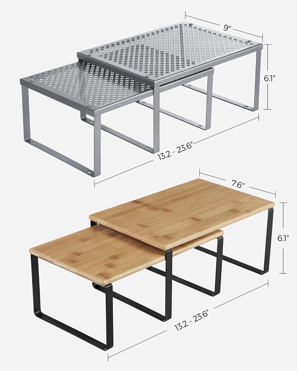 SONGMICS Bamboo Shelf Organizers and Metal Shelf Organizers Bundle, Stackable, Expandable Kitchen Shelves, Black and Natural and Silver UKCS02NB and UKCS01SV