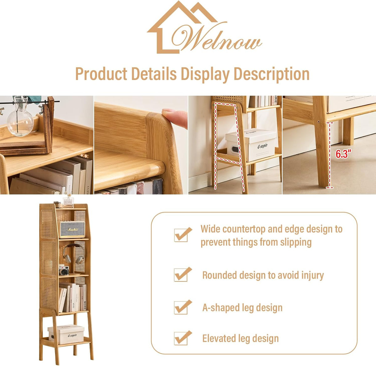 Welnow Bamboo Rattan Bookcase with Cabinet，4-Tier Wicker Bookshelf,Natural